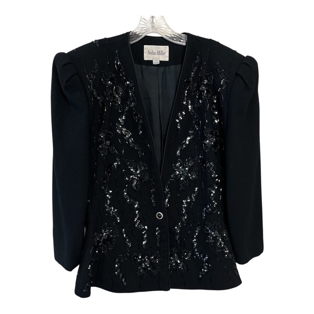 Vintage Nolan Miller Beaded Wool Blazer Jacket Black Floral Sequin Embellished S